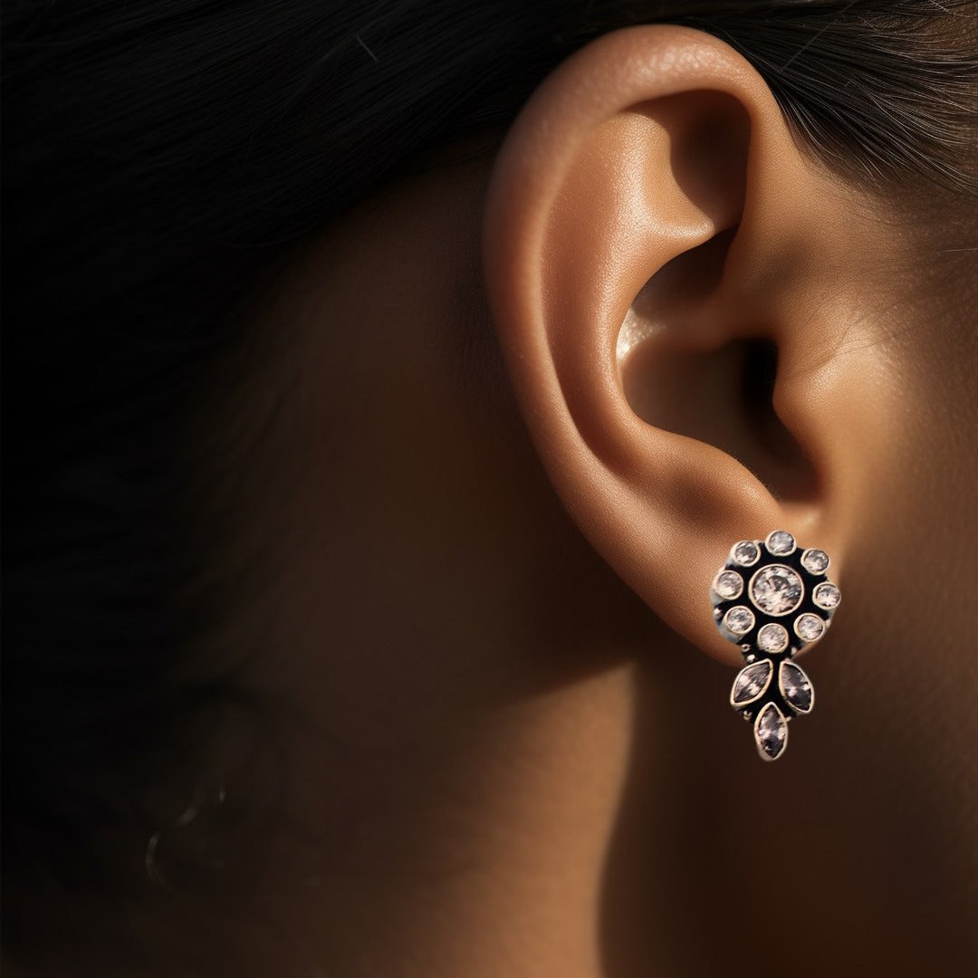 Silver White Cutstone Flower with Leaf Stud