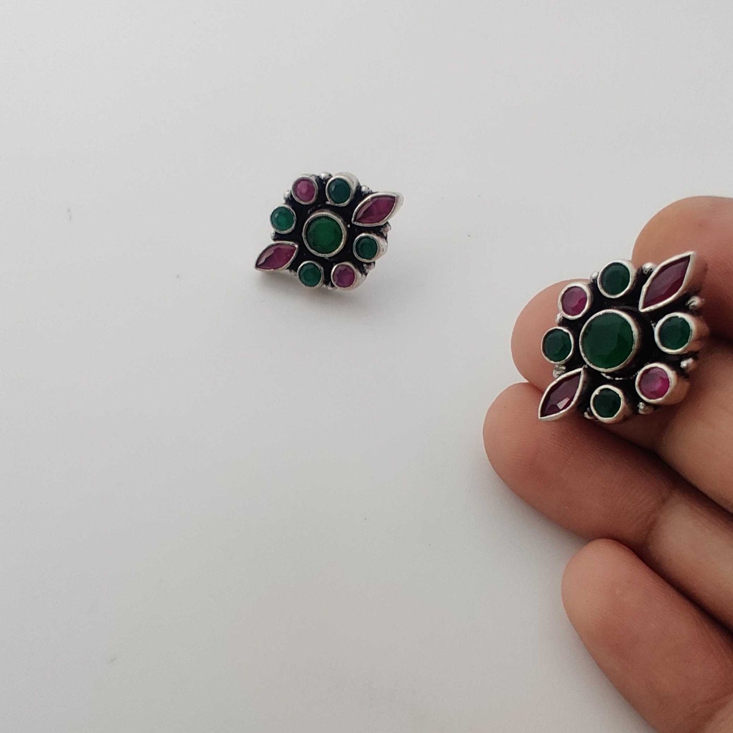 Silver Green Red Cutstone Stud