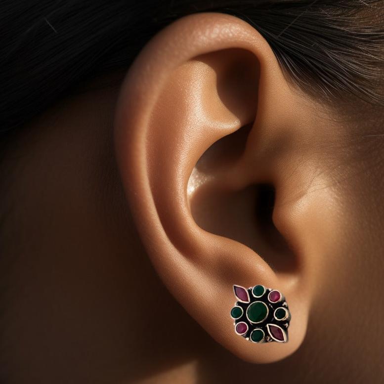 Silver Green Red Cutstone Stud