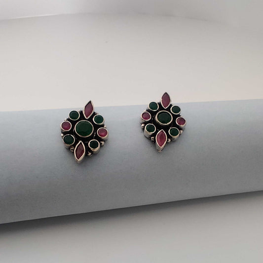 Silver Green Red Cutstone Stud