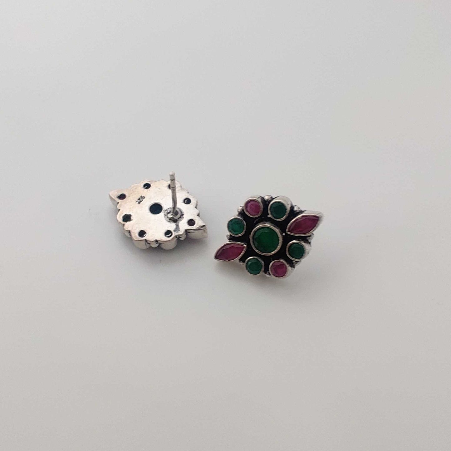 Silver Green Red Cutstone Stud