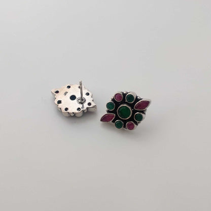 Silver Green Red Cutstone Stud
