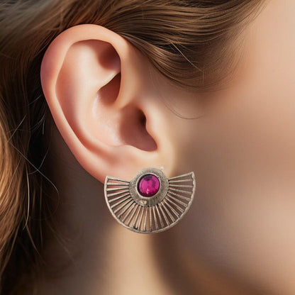 Silver Ruby Center Fan Earring