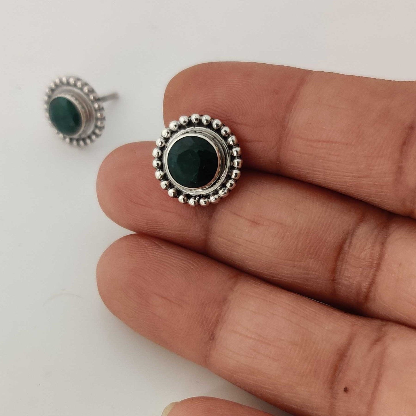 Silver Emerald Round Stud