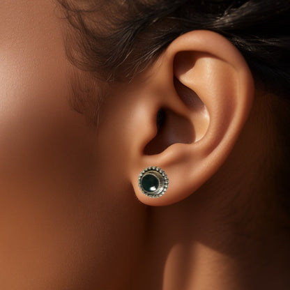 Silver Emerald Round Stud