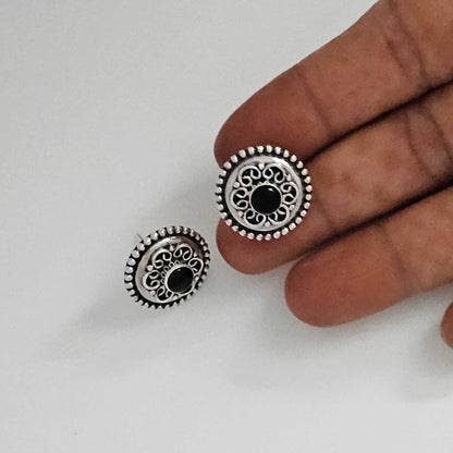 Silver Black Small Stone Center Stud