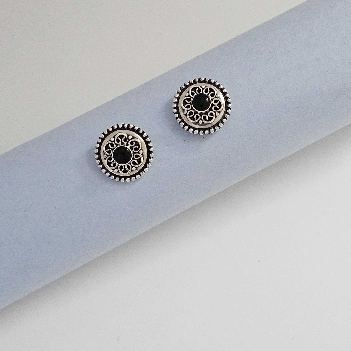 Silver Black Small Stone Center Stud