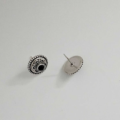 Silver Black Small Stone Center Stud