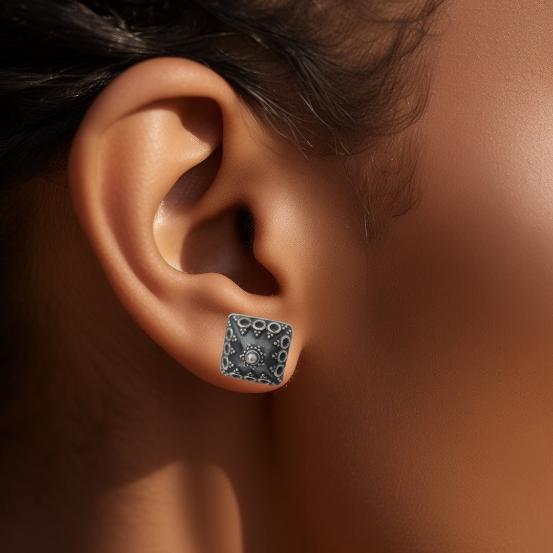 Silver Square Dome Oxidised Stud