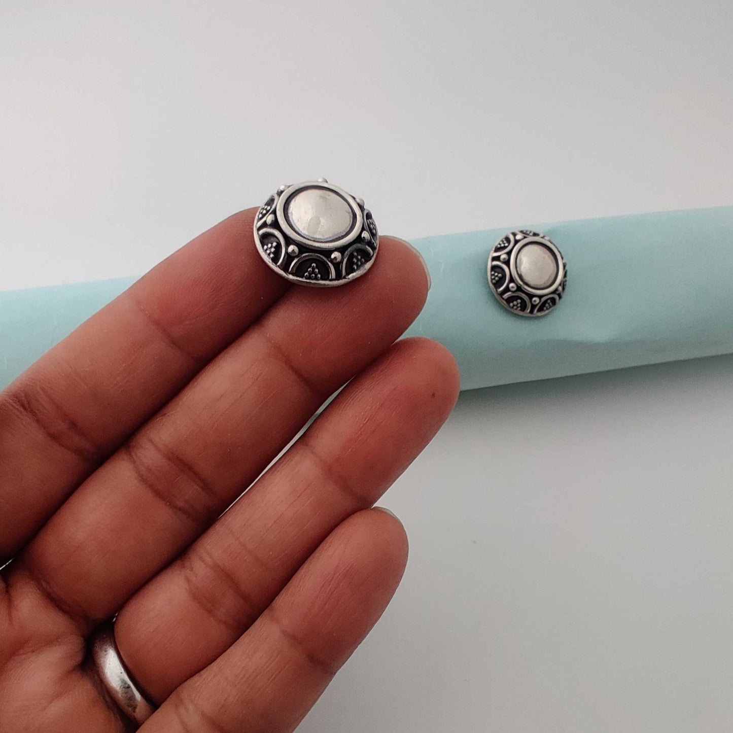 Silver Floral Big Dot Oxidised Stud