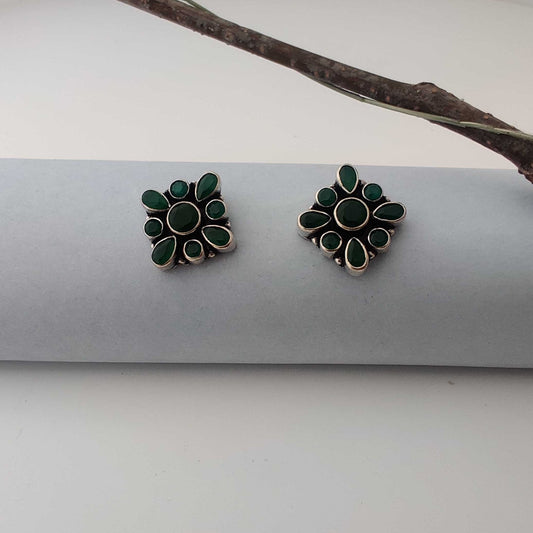 Silver SquareStud-FloralDesign-Emerald