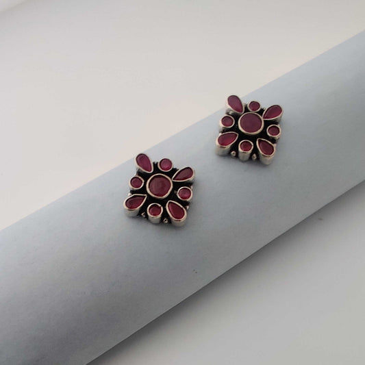 Silver SquareStud-FloralDesign-Ruby