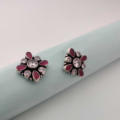 Silver SquareStud-FloralDesign-RubyWhite