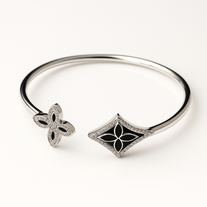 Silver Cutstone Bracelet Black Flower