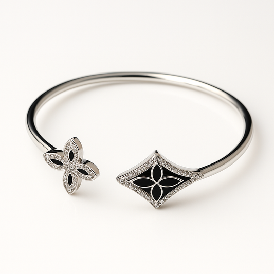 Silver Cutstone Bracelet Black Flower