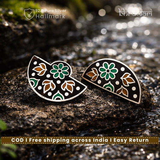 Silver Brown Green Semicircle Meenakari Stud