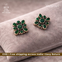 Silver SquareStud-FloralDesign-Emerald