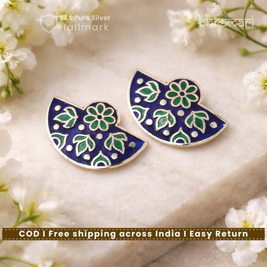 Silver Blue Green Semicircle Meenakari Stud