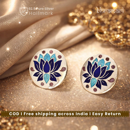 Silver Blue Lotus Meenakari Stud