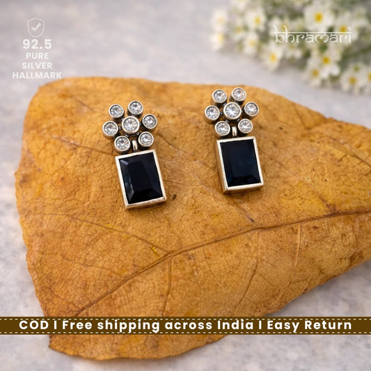 Silver Cutstone Navy Rectangle Stud