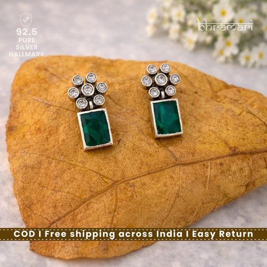 Silver Cutstone Green Rectangle Stud