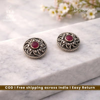 Silver Ruby center FlowerInCircle Stud
