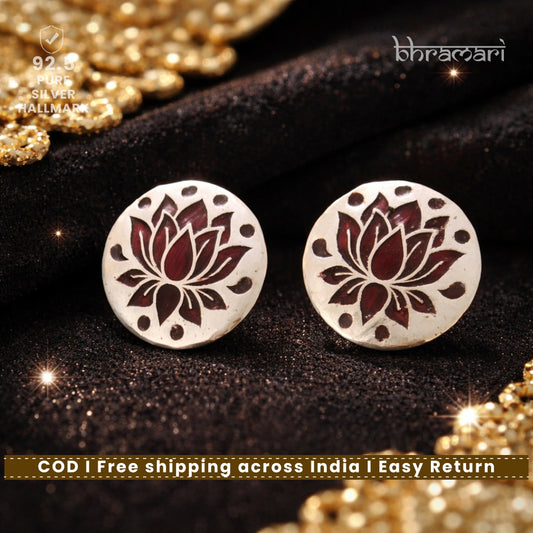 Silver Brown Lotus Meenakari Stud