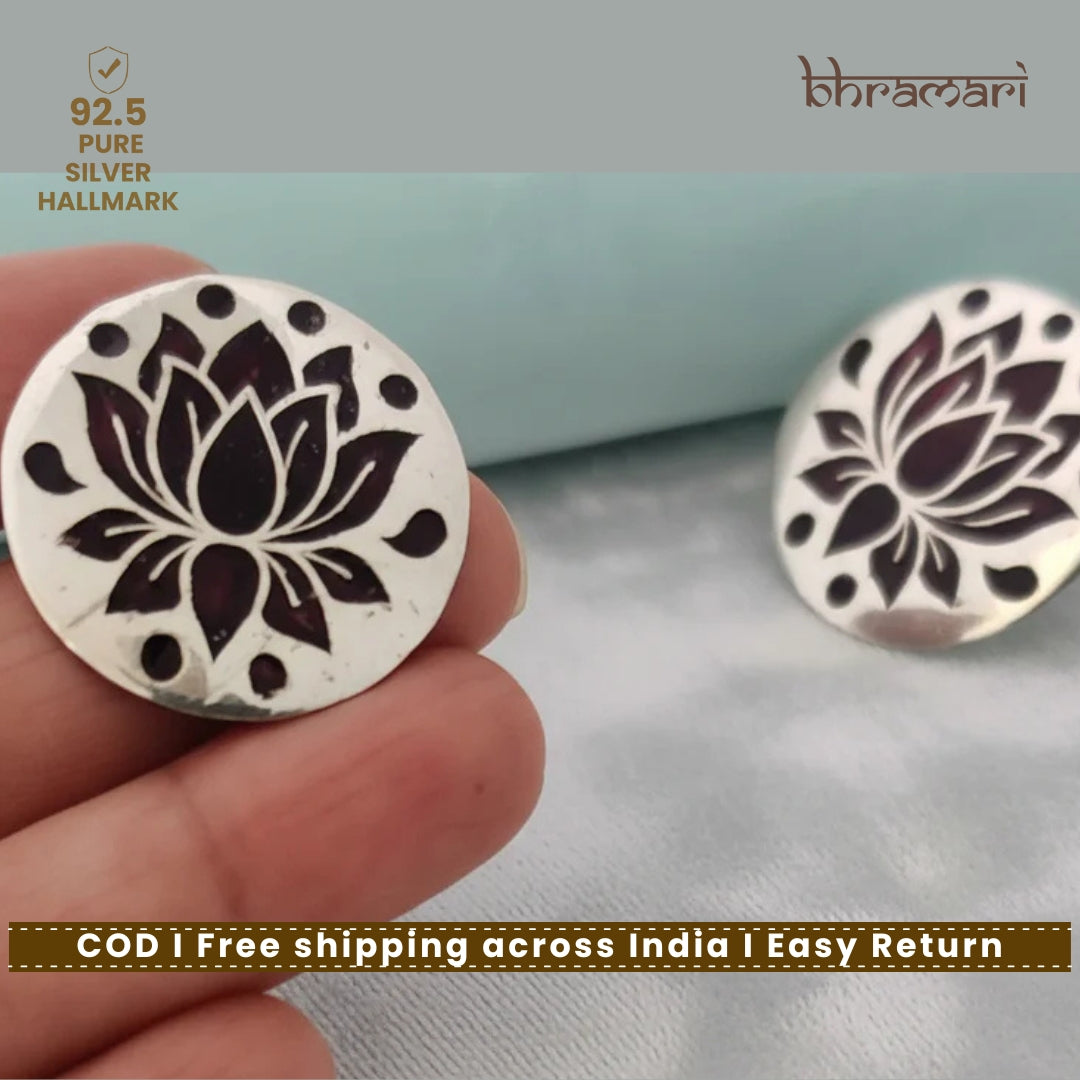 Silver Brown Lotus Meenakari Stud