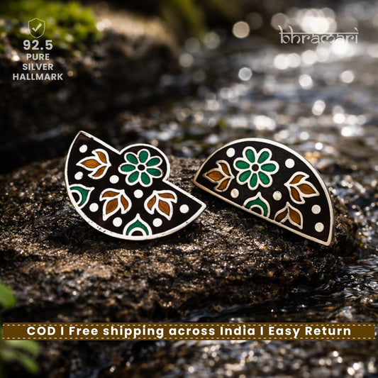 Silver Brown Green Semicircle Meenakari Stud