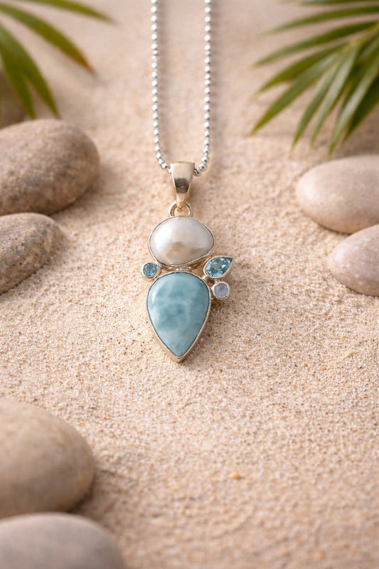 Silver Pearl with Aquamarine Stone Pendant