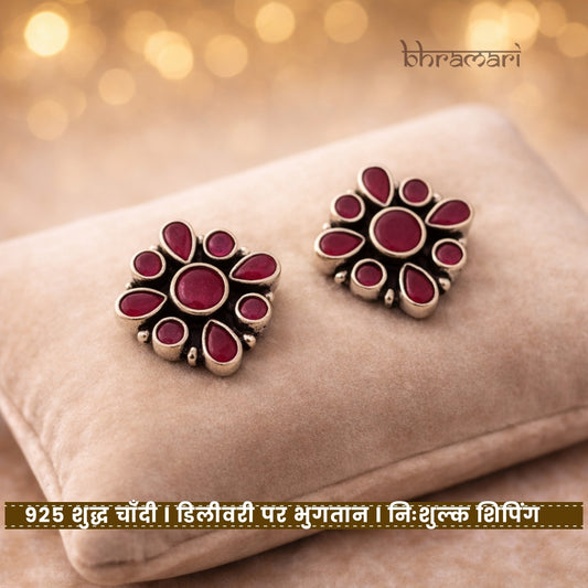 Silver SquareStud-FloralDesign-Ruby