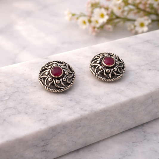 Silver Ruby center FlowerInCircle Stud