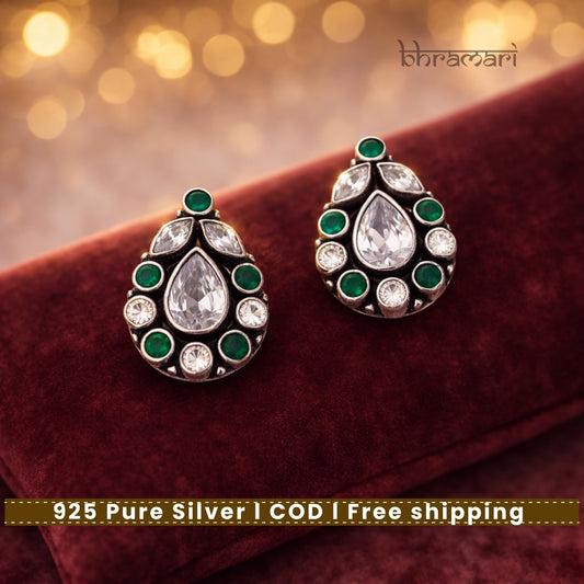 Silver CutStone-TearDrop-WhiteGreen