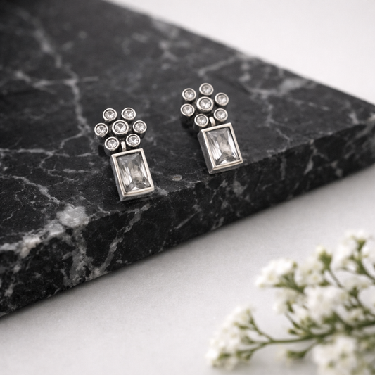 Silver Cutstone White Rectangle Stud