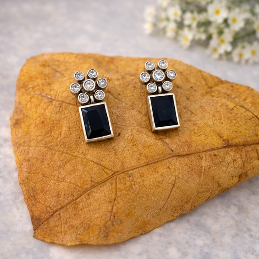 Silver Cutstone Navy Rectangle Stud