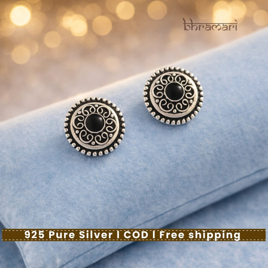 Silver Black Small Stone Center Stud