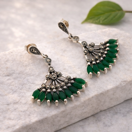 Silver Emerald Fan Earring