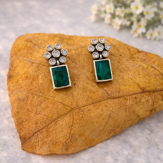 Silver Cutstone Green Rectangle Stud