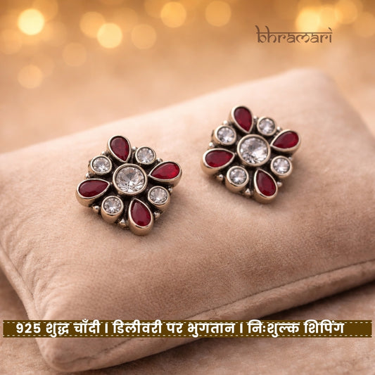 Silver SquareStud-FloralDesign-RubyWhite